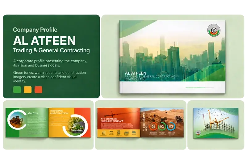 Company profile design for Al Atfeen Trading and General Contracting, with cover and page layouts.