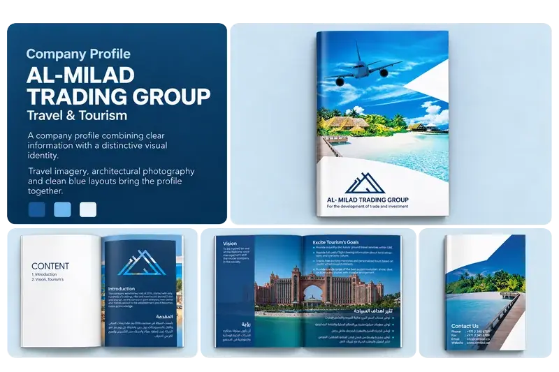 Company profile design for Al-Milad Trading Group, with a travel cover and tourism page layouts.