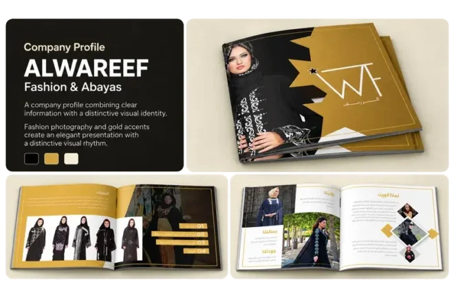 Company profile design for Alwareef Fashion and Abayas, showing the cover and interior layouts.
