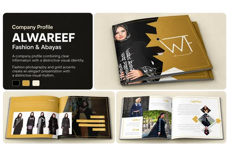 Company profile design for Alwareef Fashion and Abayas, showing the cover and interior layouts.
