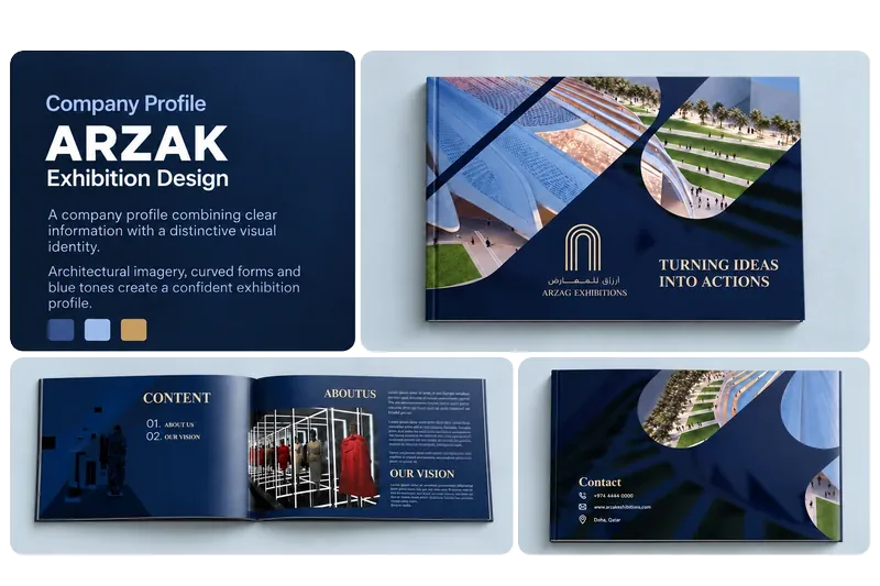 Company profile design for Arzak Exhibition Design, showing the cover and interior layouts.