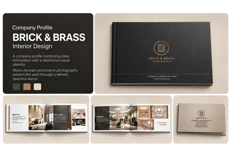 Company profile design for Brick and Brass Interior Design, with cover and interior layouts.