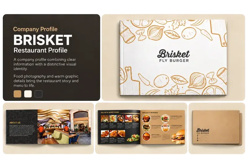 Company profile design for Brisket Fly Burger, showing the cover and restaurant page layouts.