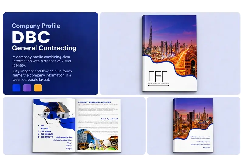Company profile design for DBC General Contracting, with cover and interior page layouts.