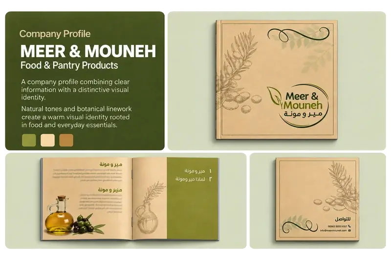 Company profile design for Meer and Mouneh, with a cover and food product page layouts.