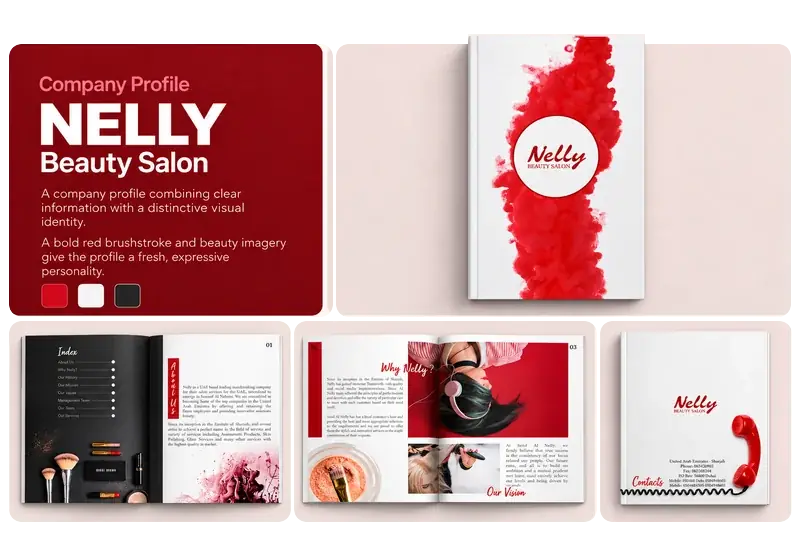 Company profile design for Nelly Beauty Salon, showing the cover and salon service page layouts.