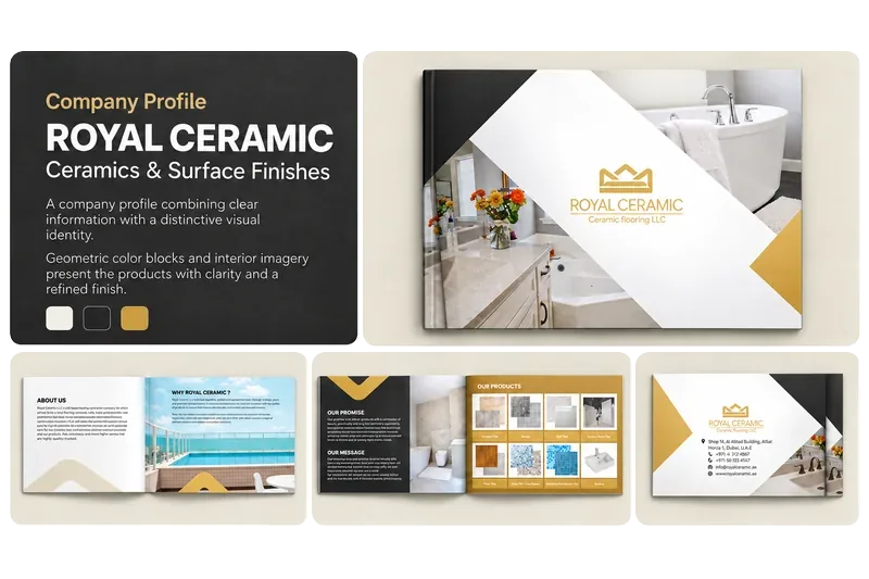 Company profile design for Royal Ceramic, showing the cover and ceramic product page layouts.